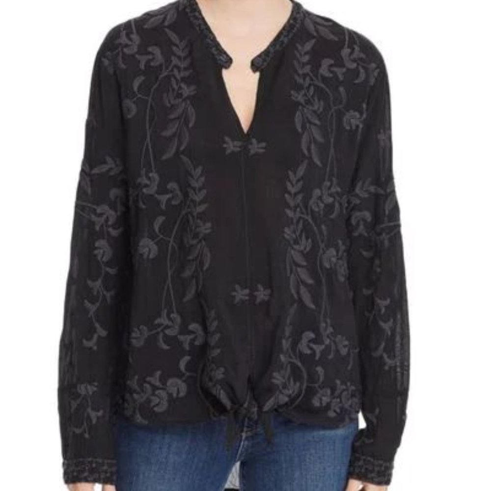 Johnny Was Sasha Tie Front Embroidered Top Black Sz S